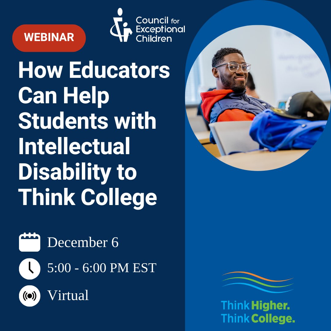Join us on December 6 from 5-6 EST for a FREE WEBINAR with <a href="/CECMembership/">Council for Exceptional Children</a> and <a href="/thinkcollegeICI/">Think College</a>, moderated by <a href="/_danhabib/">@_danhabib</a>, to learn about college options for students with intellectual disabilities. Registration &amp; more info: bit.ly/46N50hH