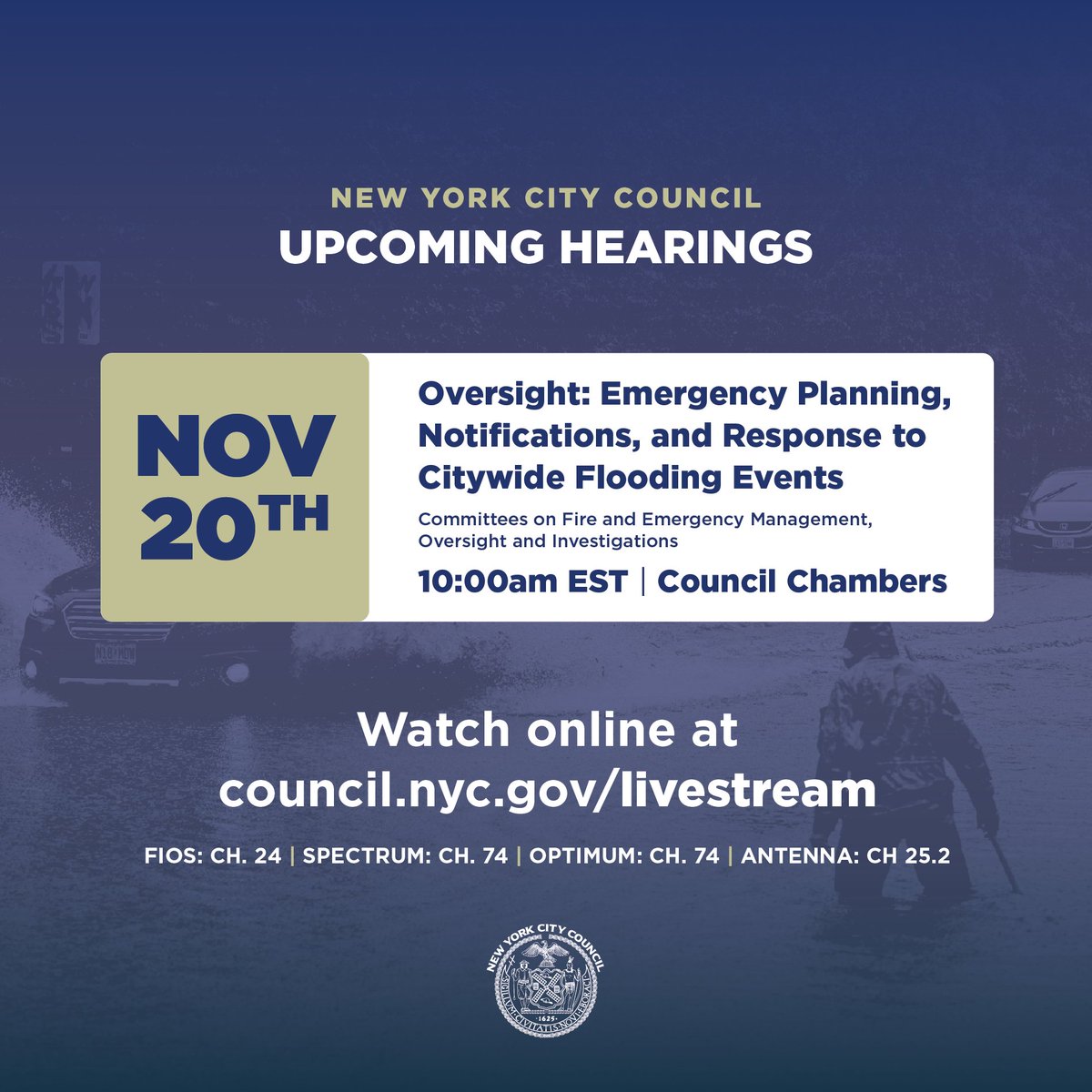 Monday at 10am: The Committees on Fire and Emergency Management and Oversight and Investigations will hold an oversight hearing on the Administration’s emergency planning, notifications, and response to citywide flooding events. 📺 Watch live: council.nyc.gov/livestream/