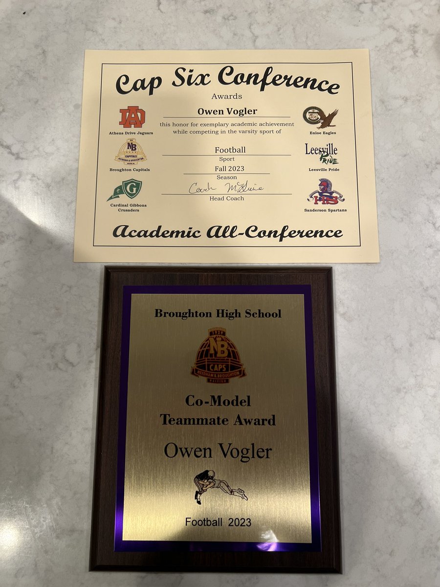 Honored to receive the Model Teammate and Academic All Conference awards at last night’s banquet. 
<a href="/Coach_McGuire5/">ᴄᴏᴀᴄʜ ᴍᴄɢᴜɪʀᴇ</a> <a href="/CAPSfootball/">Broughton Football</a> <a href="/CoachKenSheff/">Coach Kendall Sheffield</a>