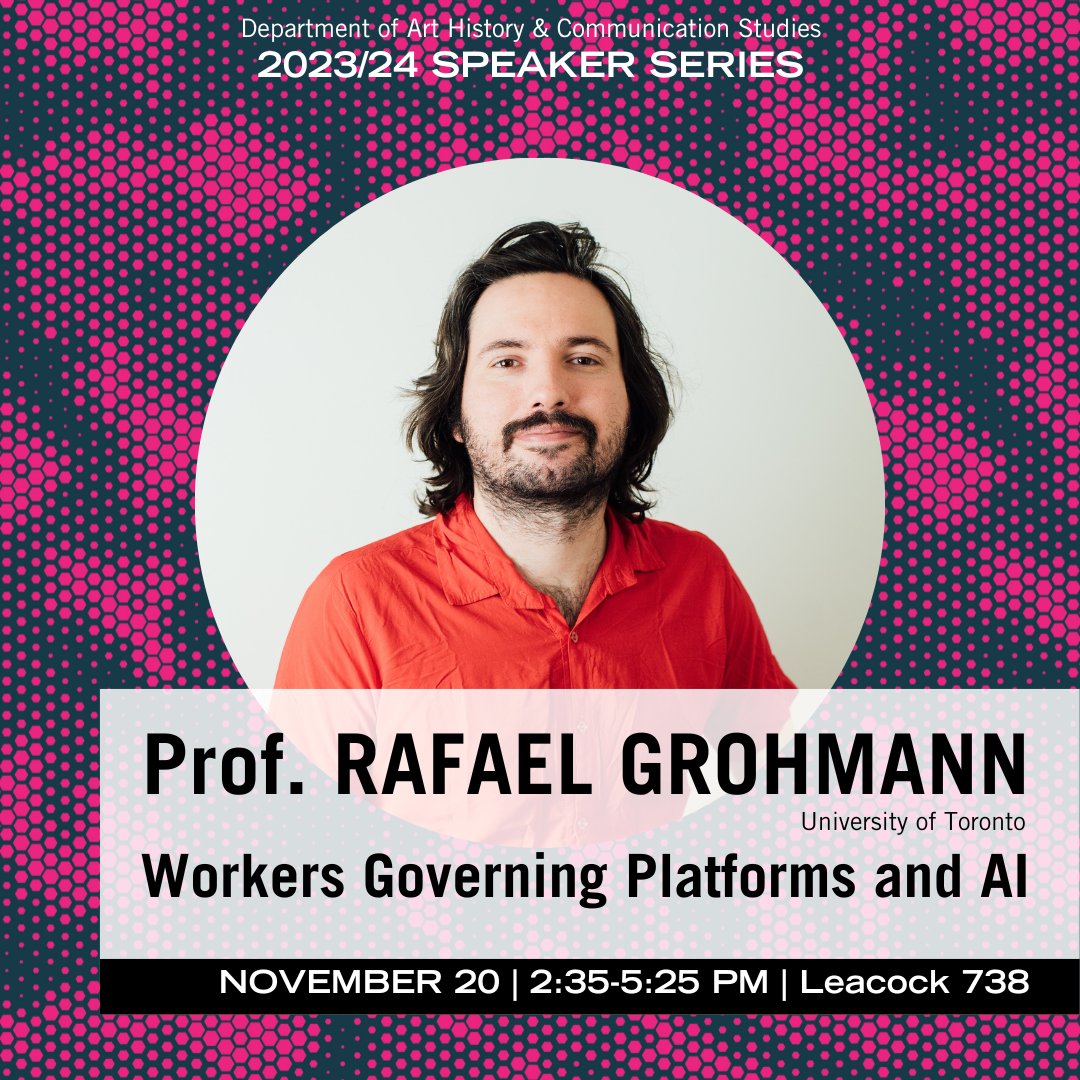 Milieux Institute (@milieux_news) on Twitter photo This coming Monday, Nov. 20th!
Prof. Rafael Grohmann (<a href="/grohmann_rafael/">Rafael Grohmann</a>) from <a href="/UofT/">University of Toronto</a> will be holding a lecture titled “Workers Governing Platforms and AI” at McGill. This is a hybrid event. <a href="/AHCS_McGill/">AHCS McGill</a>
Join online: mcgill.zoom.us/j/81447328478
mcgill.ca/ahcs/channels/… This coming Monday, Nov. 20th!
Prof. Rafael Grohmann (<a href="/grohmann_rafael/">Rafael Grohmann</a>) from <a href="/UofT/">University of Toronto</a> will be holding a lecture titled “Workers Governing Platforms and AI” at McGill. This is a hybrid event. <a href="/AHCS_McGill/">AHCS McGill</a>
Join online: mcgill.zoom.us/j/81447328478
mcgill.ca/ahcs/channels/…