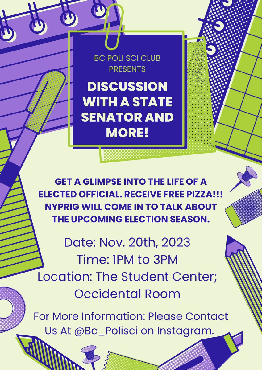 Dive into the world of elected officials! Join us on Nov. 20th, 1-3PM at the Student Center. Free pizza and insights into the upcoming election season with NYPRIG! 🍕🗳️