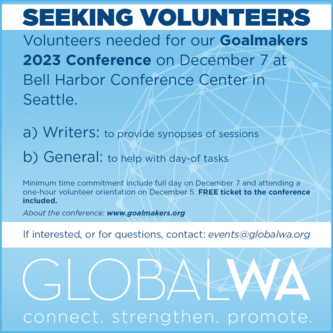💪 SEEKING VOLUNTEERS for our

#Goalmakers2023 Annual Conference on Dec. 7th.

Get a FREE ticket by #volunteering! 

Do you know a #student, #writers or #consultants interested in #globaldevelopment or #internationalaffairs?

Email us at events@globalwa.org

#volunteersneeded