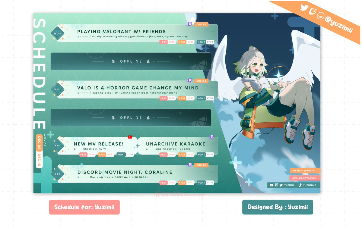 yuzimii's tweet photo. 🍊CUSTOM SCHEDULE TEMPLATE🍊

My brain decided to destroy my art block by forcing me to make my own stream schedule template 💀💀💀

This is the fastest I've worked and I'm scared. 
#DesignByYuzi https://t.co/WumK84bQUg