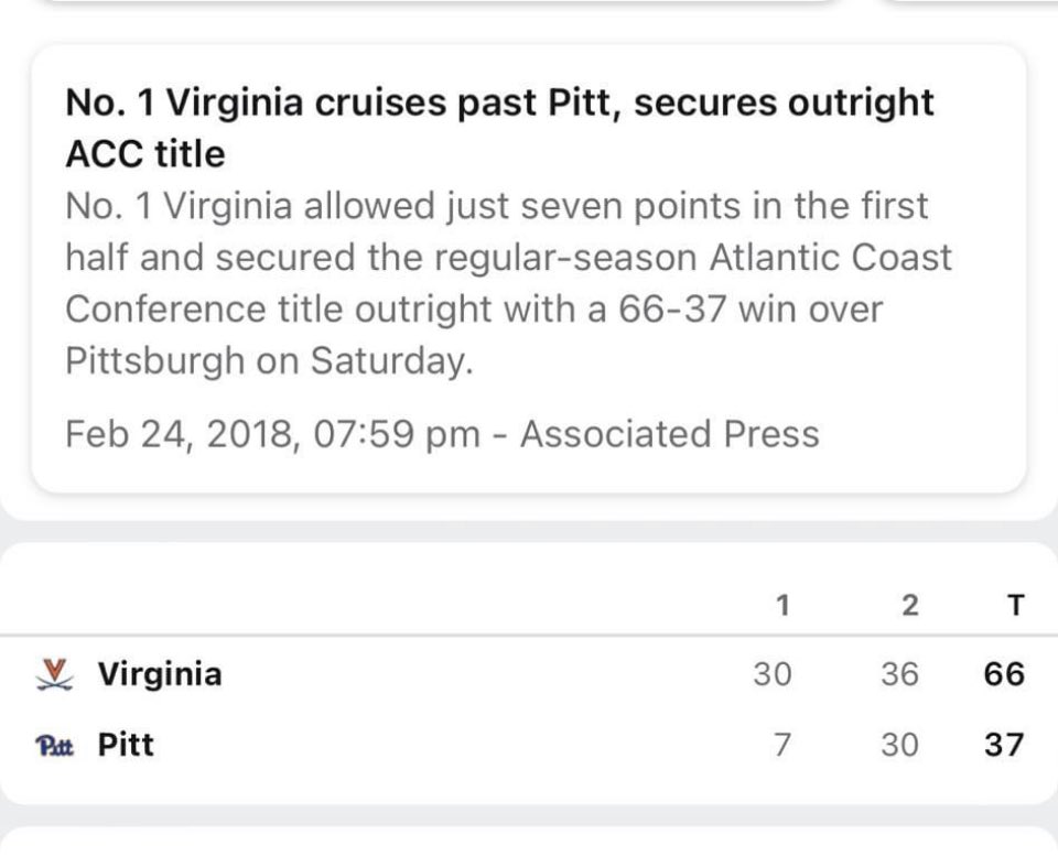 HooKev's tweet photo. @CoryAlexanderVA 
Hey check this out 2/24/2018
UVA held Pitt to 7 
First half points. https://t.co/yZbCn1gdno
