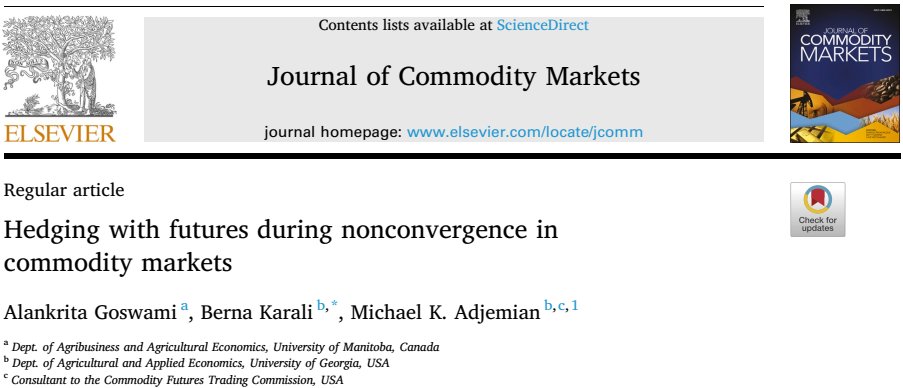 Congrats 🎉 to @alankrita10, @Berna_Karali, and Michael Adjemian for their recent journal article 'Hedging with Futures During Nonconvergence in Commodity Markets' published in the Journal of Commodity Markets. Check out a synopsis on our LinkedIn page linkedin.com/in/uga-agricul…