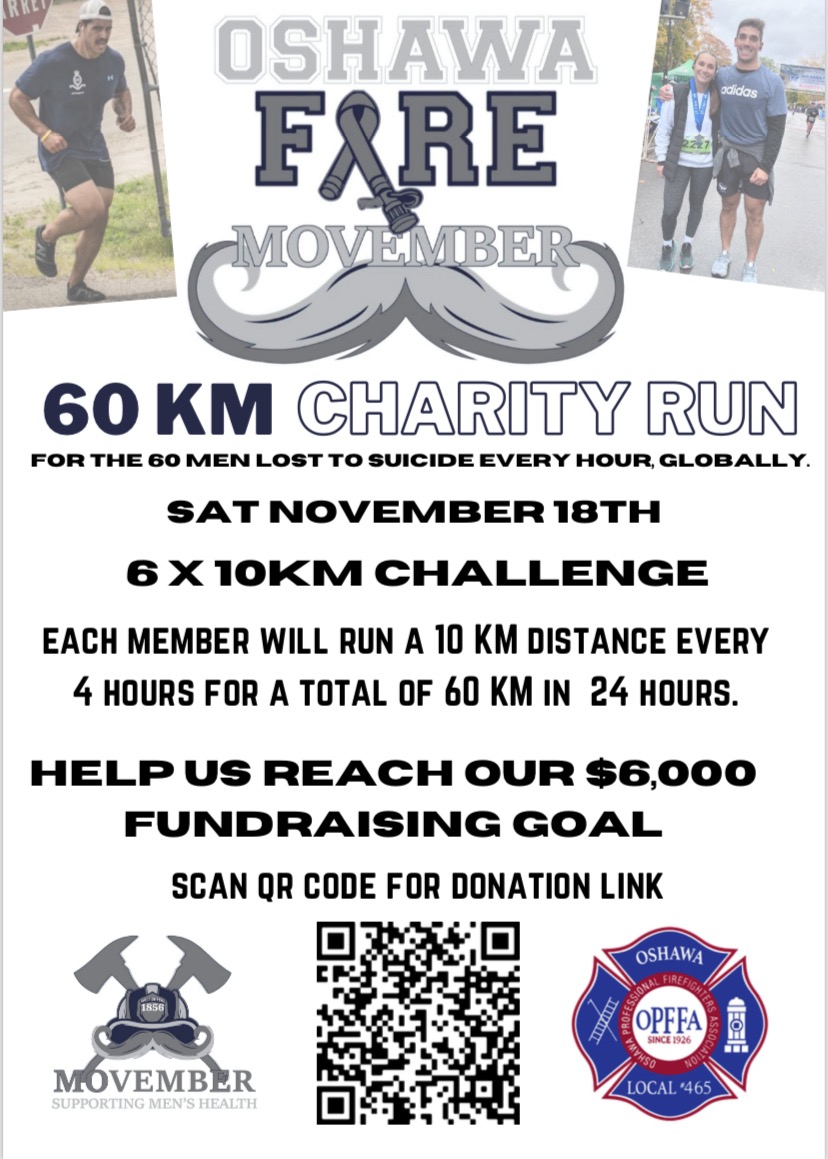 Tomorrow is the day our members Dylan Pizzacalla and Klark McGarr are running 60KM over 24 hours for donations &amp; awareness for mental health and suicide prevention for the 60 men lost to suicide every hour globally. 

Oshawa Fire Team Link: movember.com/t/oshawa-firef…