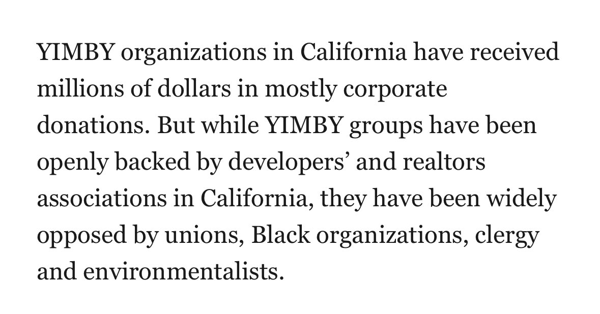 This is a *wildly* misleading paragraph. 

This year, @cayimby partnered with organized labor to pass SB423 (streamlining union-built housing), with equity groups to pass SB684 (affordable homeownership), and with faith based organizations to pass SB4 (“Yes in God’s Backyard”).