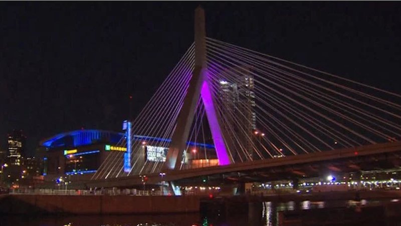 MassDOT's tweet photo. Tonight 11/17, the #ZakimBridge #LongfellowBridge #ForeRiver and #BurnsBridge will light purple for Prematurity Awareness Month. https://t.co/i639GS1m14
