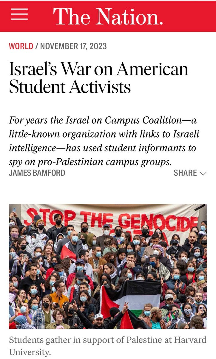 SDonziger's tweet image. BREAKING: In a bombshell, @thenation reports today that Israel is operating a phony front group in the US to spy on pro-Palestinian students on college campuses – all blatantly illegal under US law. @nytimes is ignoring.

FBI has done nothing to stop it.⤵️
thenation.com/article/world/…
