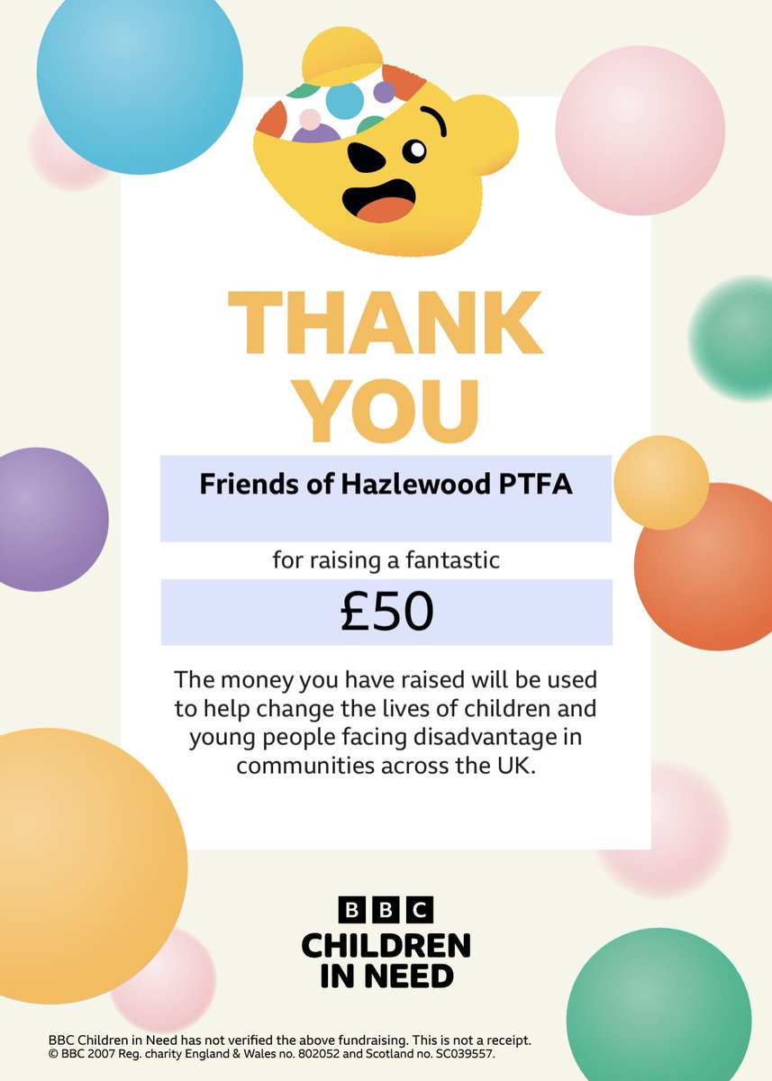 FriendsOHPTFA's tweet photo. A massive thank you to the Hazlewood team, the children and to the volunteers who came along to support the PTFA disco. With your support you have raised a £50 donation for Children in Need and the remaining funds will go into the PTFA pot for future school trips &amp; events https://t.co/wZkbZqOvMQ
