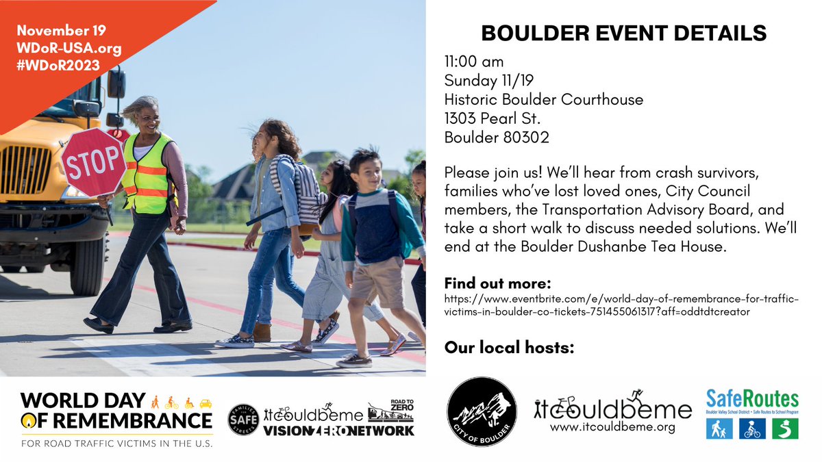 Please join us this Sunday, November 19, at Boulder's annual memorial walk for the World Day of Remembrance for Road Traffic Victims, led by It Could be Me and the City of Boulder. ow.ly/wXKW50Q8UCe #itcouldbeme #wdor2023
