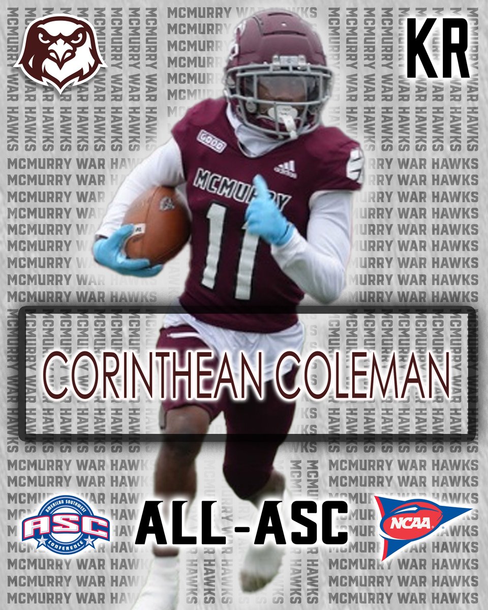 McMURRYFOOTBALL's tweet photo. Congratulations to Freshman KR Corinthean Coleman!

Honorable Mention All-ASC

#WarHawksFAW
#Decide2Fly https://t.co/LbhkHeuHie