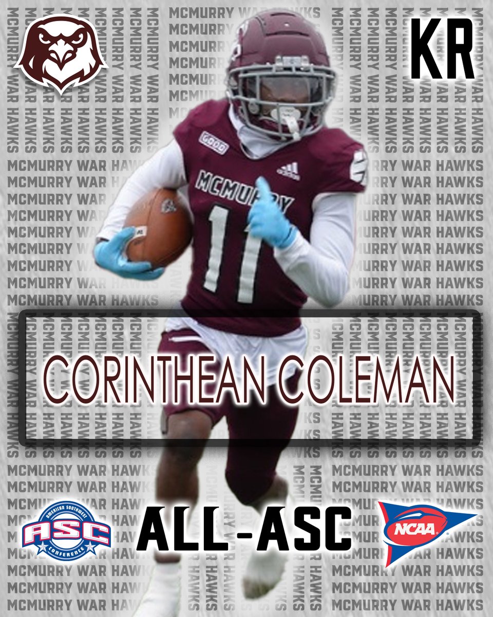 Congratulations to Freshman KR Corinthean Coleman! Honorable Mention All-ASC #WarHawksFAW #Decide2Fly