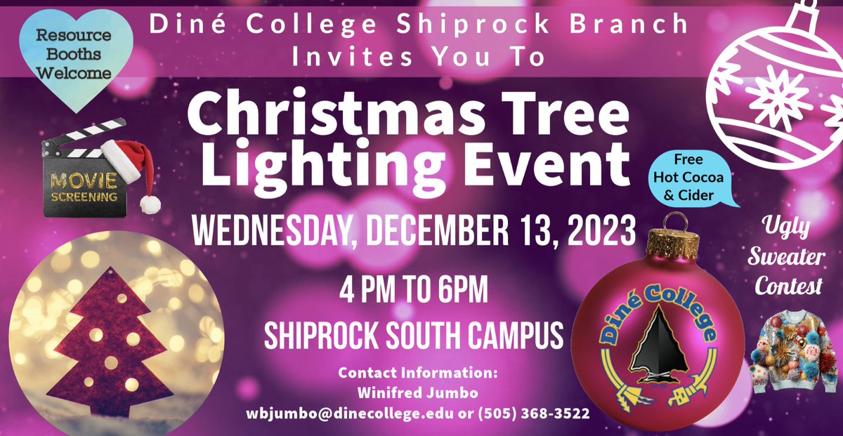 Join us for the Christmas Tree Lighting Event on 12/13/23 from 4 PM to 6 PM at Shiprock South Campus. Bring your families and friends for a festive time! 🎄✨ #ChristmasTreeLighting #HolidayEvent #ShiprockCampus