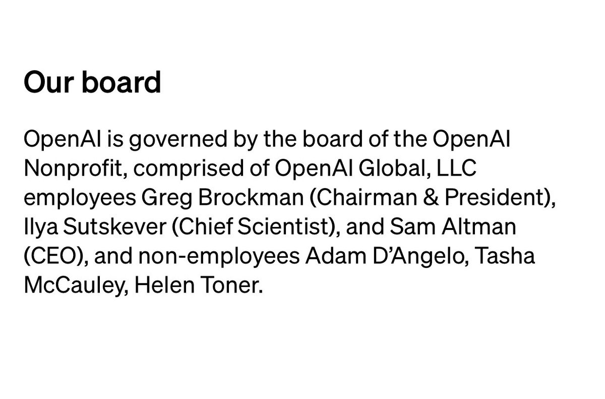 OpenAI board. 

Half of them literally have no involvement in day-to-day affairs.

Kicked out the guy who is in the arena daily and who took the company from zero to a Google beater.

Choose your board wisely fellas.
