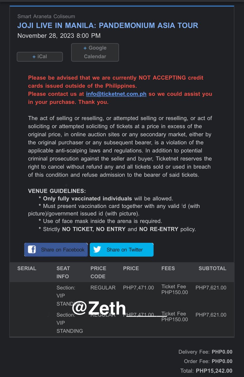 Zeth______'s tweet photo. LFB WTS!

Joji Pandemonium Tour

2 VIP Pandemonium VIP (eticket)
2 VIP Standing (eticket)

Slightly below srp
PAYO
Can meet up for live sending of tickets 

rfs: conflict of schedules
dm me https://t.co/69wPZEuja8