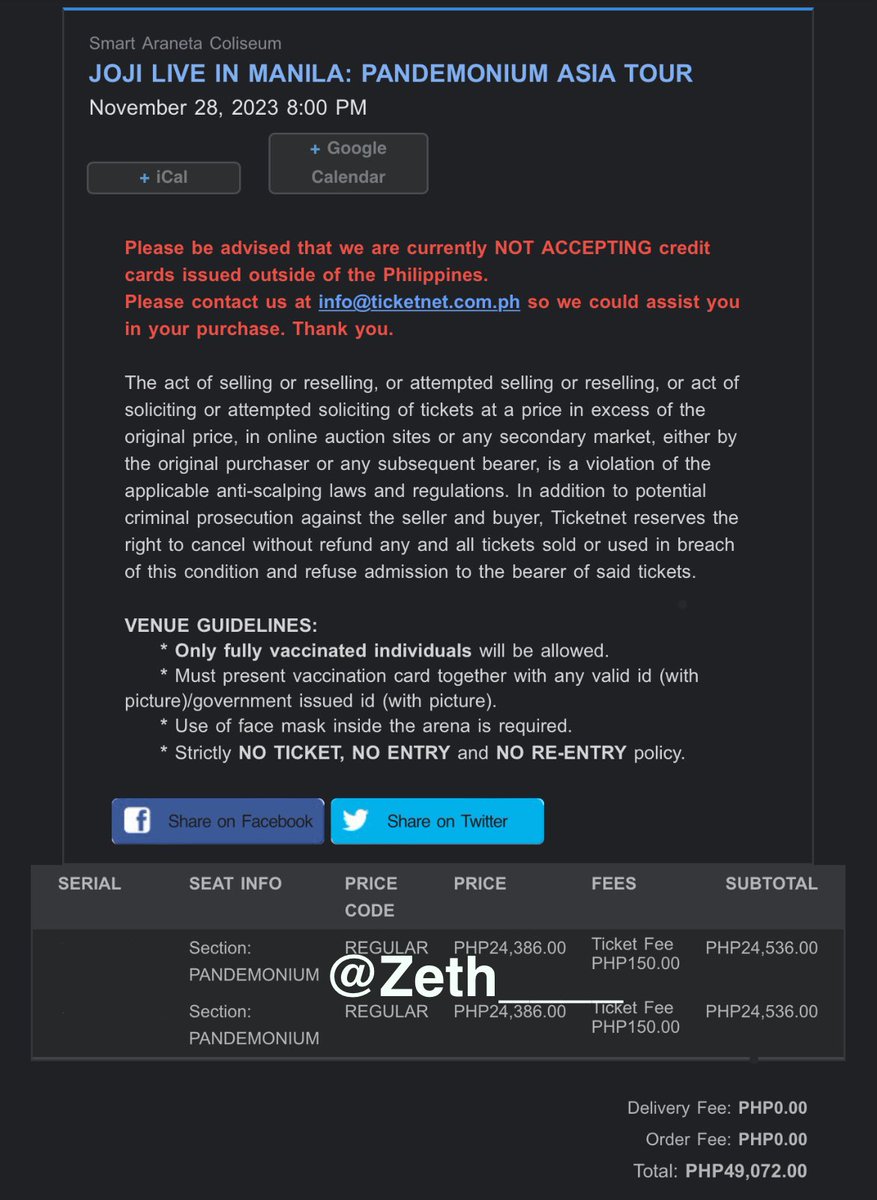 Zeth______'s tweet photo. LFB WTS!

Joji Pandemonium Tour

2 VIP Pandemonium VIP (eticket)
2 VIP Standing (eticket)

Slightly below srp
PAYO
Can meet up for live sending of tickets 

rfs: conflict of schedules
dm me https://t.co/69wPZEuja8