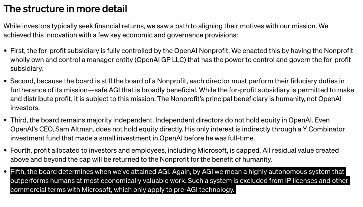 alexkaplan0's tweet photo. One possibility: the board independently determined that AGI had been achieved, and Sam/Greg disagreed. Seems totally feasible from the charter: https://t.co/DGHsAVCBWS
