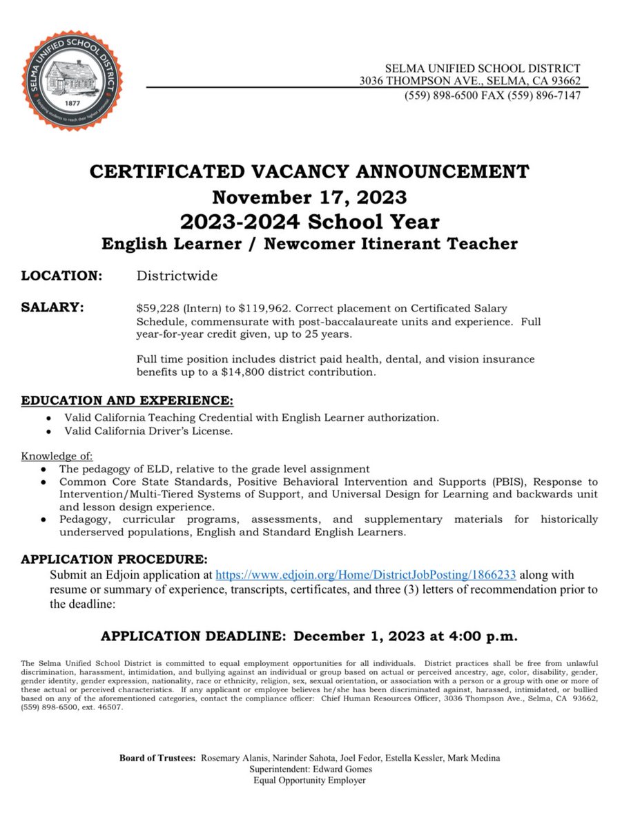 Come work with me!  SALARY: $59,228 (Intern) to $119,962. #NewcomerTeacher .<a href="/SelmaUSD/">Selma Unified School District</a> .<a href="/CAellchat/">California ELLChat</a> .<a href="/CalNewcomer/">California Newcomer Network (CANN)</a> .<a href="/CalTog/">Californians Together</a> .<a href="/WeAreCTA/">California Teachers Association</a>