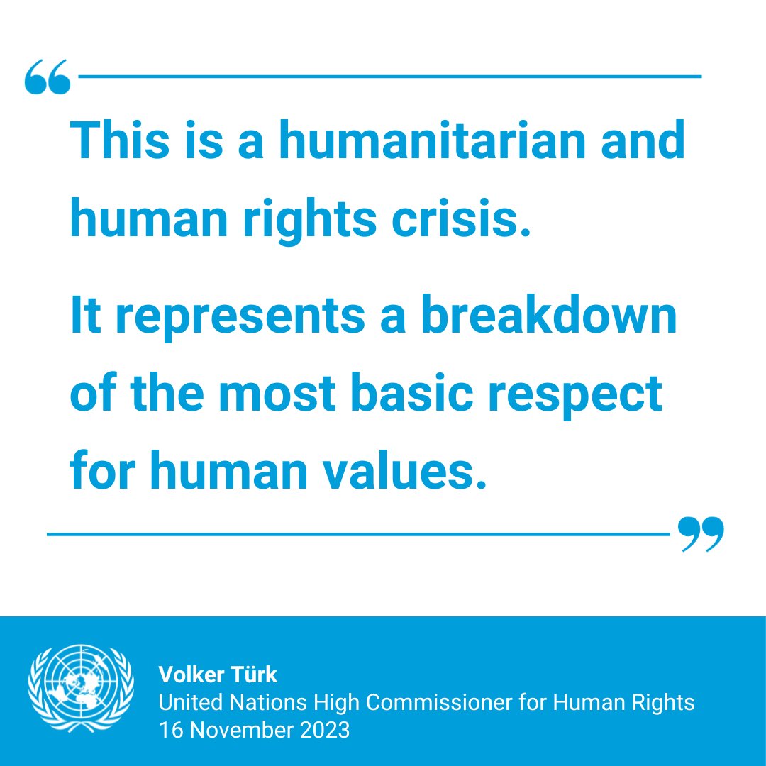 “The killing of so many civilians cannot be dismissed as collateral damage. Not in a kibbutz. Not in a refugee camp. And not in a hospital.” — @UNHumanRights chief @volker_turk urges a halt to fighting in the Middle East. ohchr.org/en/statements-…