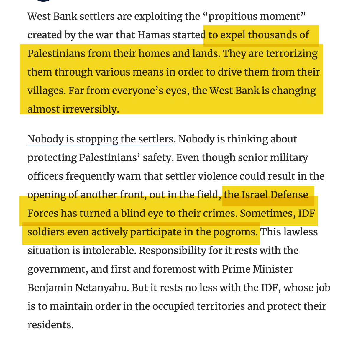 Today's lead Editorial in the Israeli newspaper @haaretzcom, expressing revulsion for what it calls the 'terrorism' and 'pogroms' carried out in the West Bank against Palestinians by Israeli settlers and the IDF. Says Netanyahu bears most of the blame: haaretz.com/opinion/editor…