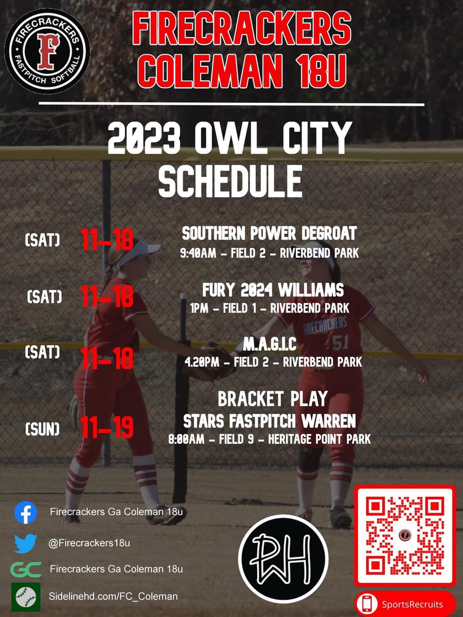 Looking forward to a great weekend at the Owl City Showcase. Stop by to watch me and my amazing team! 

<a href="/Firecrackers18U/">Firecrackers GA Coleman 18U</a> <a href="/BCLionsSoftball/">Bryan College Softball</a> <a href="/Nate_BCSoftball/">Nathan Thompson</a> <a href="/GCSU_Softball/">GCSU_Softball</a> <a href="/CoachBellamy4/">Kenneth Bellamy</a> <a href="/PiedmontSB/">Piedmont Lions Softball</a> <a href="/tmartin1314/">tmartin</a> <a href="/BPC_Softball/">BPC Softball</a> <a href="/YHC_Softball/">YHC Softball</a>