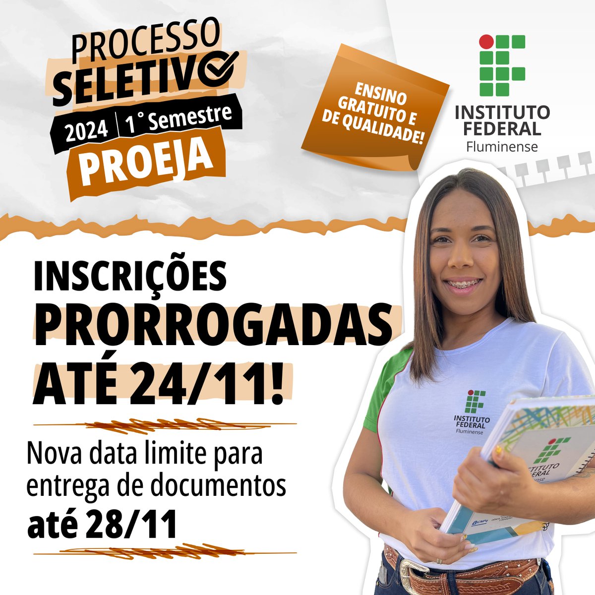 Prorrogado o prazo de inscrição para o processo seletivo do Proeja 2024!
Podem concorrer maiores de 18 anos e a seleção é feita sem provas, apenas por questionário socioprofissional.
Inscreva-se em inscricoes.iff.edu.br.