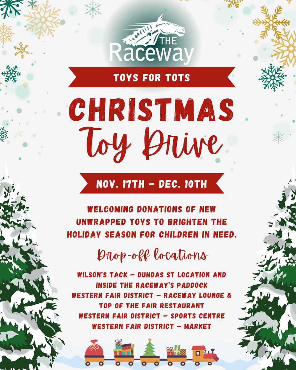 Today starts @theracewaywfd Toys for Tots Christmas Toy Drive!
We welcome your donations of new unwrapped toys which will be donated to brighten the #HolidaySeason for children in need. Donations are welcome Nov. 17th- Dec. 10th
#Ldnont #519Ldn