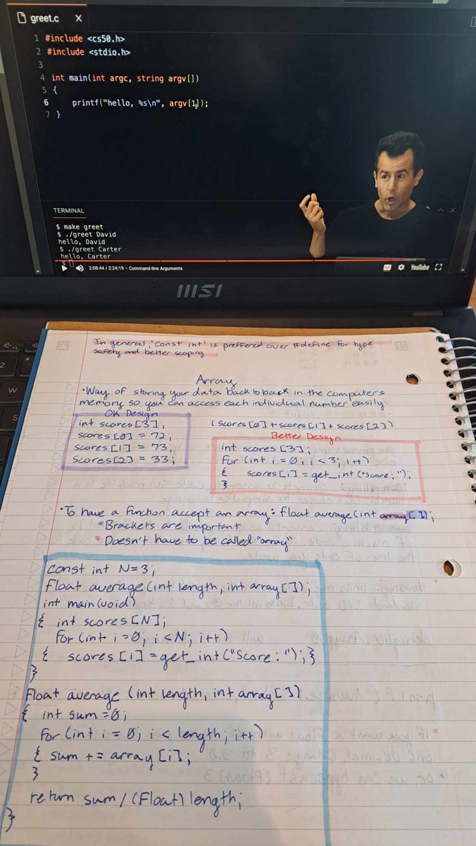 Day 35 #100DaysOfCode Finished taking notes for lecture 2 of #CS50! Went over arrays, exit codes, command line arguments, and even how to make an ASCII dragon 🐉 Starting the bonus video shorts for CS50 next!