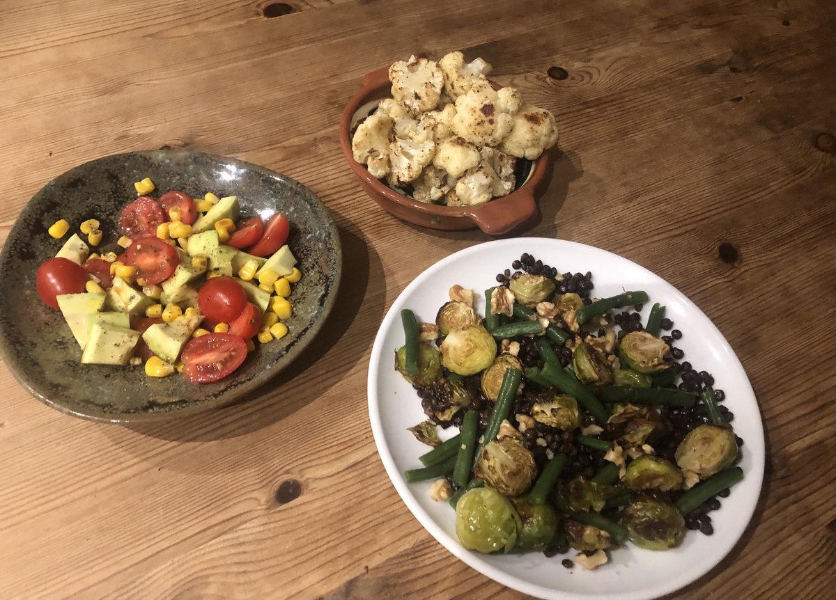 Dinner - lentils with roasted sprouts green beans walnuts - roasted cauliflower- avocado tomato sweetcorn salad … the rest of family had a little of this with 🍕 😊 #WeEatWell23