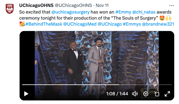 AASA1org's tweet photo. We are so happy to congratulate Julian Owens and the entire @uchicagosurgery team for their Emmy win! 🥳
#EmmyWin #UChicagoSurgery #Congratulations #BehindtheMask https://t.co/Kt0oF8MFvH