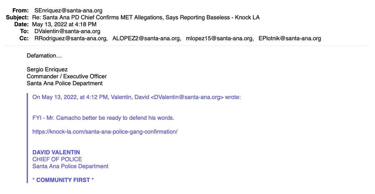 Celebrating #FOIAFriday by sharing these wonderful records from my 100th request with the City of Santa Ana. I asked them for all comms that mention @KnockDotLA & myself. 

Here's former SAPD Chief David Valentin telling the top brass that *I* better ready to defend my words.