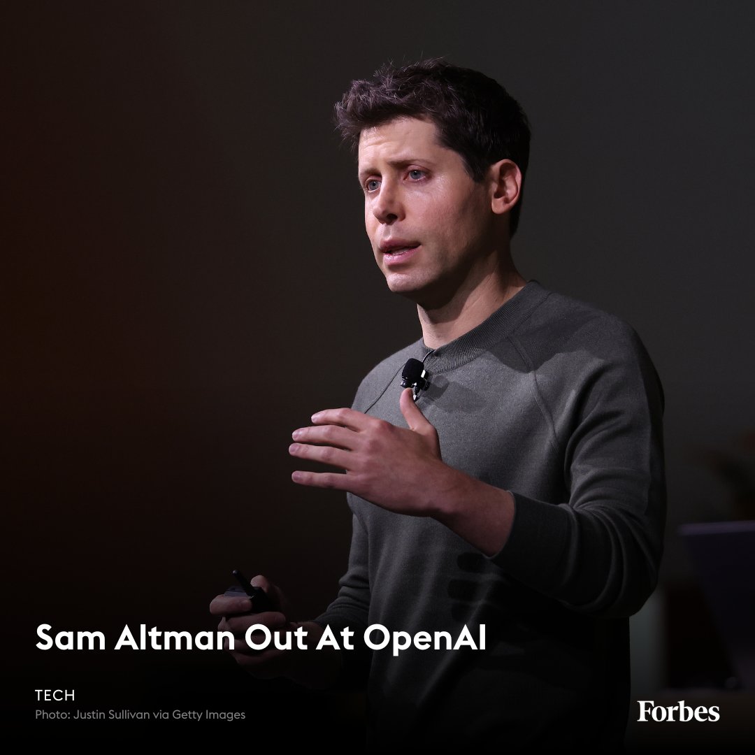 Forbes's tweet photo. OpenAI Fires CEO Sam Altman 

Sam Altman has been pushed out of AI juggernaut Open AI after an internal review found he had not been “consistently candid” with his representations to the board.  

Launched in 2015 as a non-profit with the mission to build AI that was “safe and broadly beneficial,” the company has grown into one of the most powerful AI firms in the world.  

Altman’s image as AI leader continued as recently as Wednesday morning, when he sat on a panel at the Asia-Pacific Economic Cooperation summit in San Francisco, telling those gathered that while humanity is “on a path to self-destruction as a species right now,” artificial intelligence could be a solution.  

DEVELOPING: https://t.co/my8HHoa9n1