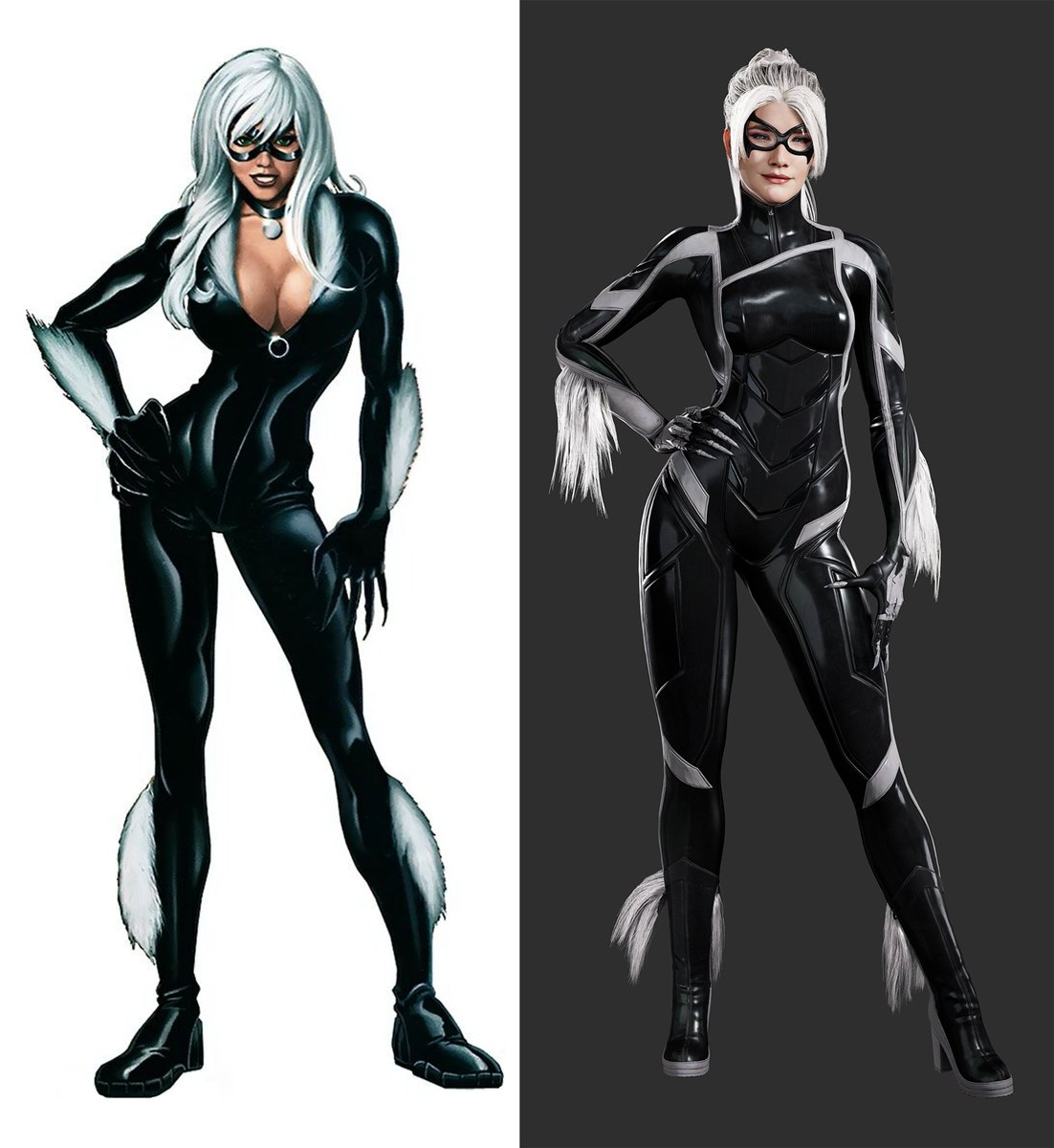 silverxsable's tweet photo. Black Cat's comic suit and Insomniac suit. https://t.co/Wii2uxessH