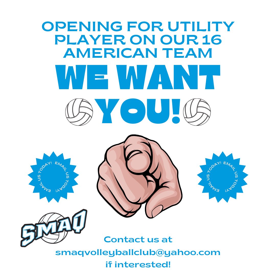 We are looking to fill an open utility player position on our SMAQ 16 American Team 🏐 

Contact us at smaqvolleyball@yahoo.com if interested!!