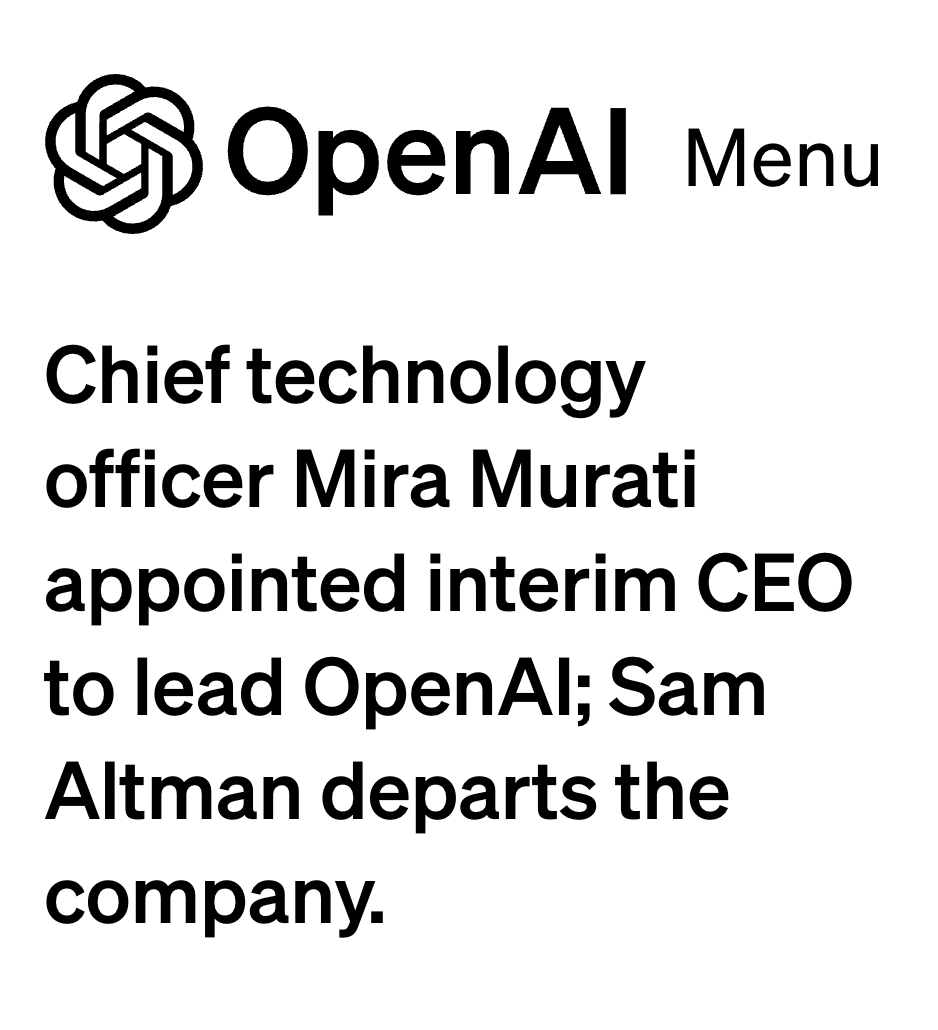 Sam Altam, le CEO d'OpenAI est viré...

Mira Murati, la CTO, le remplace.

openai.com/blog/openai-an…