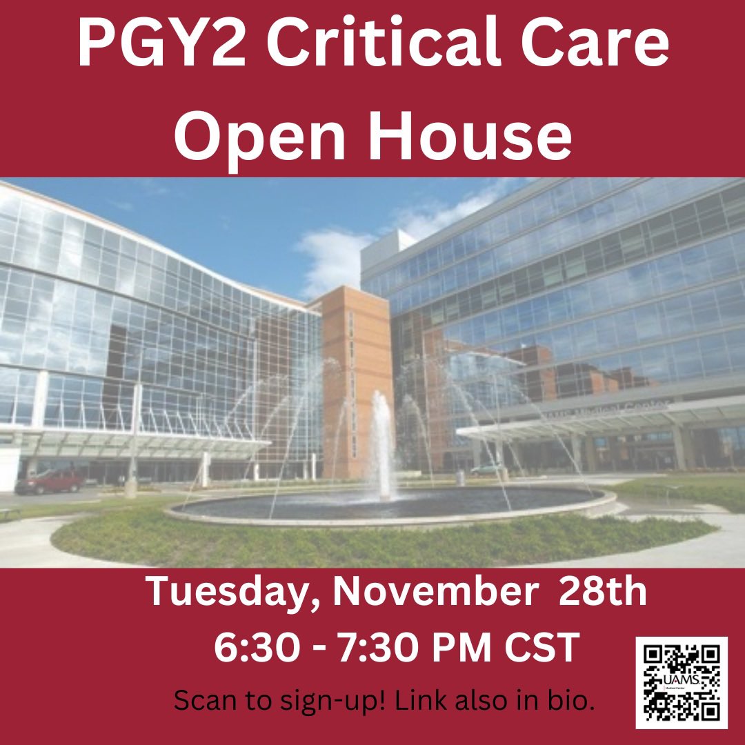 🚨🚨Open house alert!!🚨🚨
Are you a PGY1 interested in critical care? Let’s chat!

Join us for a virtual open house for our PGY2 Critical Care residency. You’ll get to meet our RPD and preceptors as well as our current PGY2 resident! We hope to see you there! #PharmICU