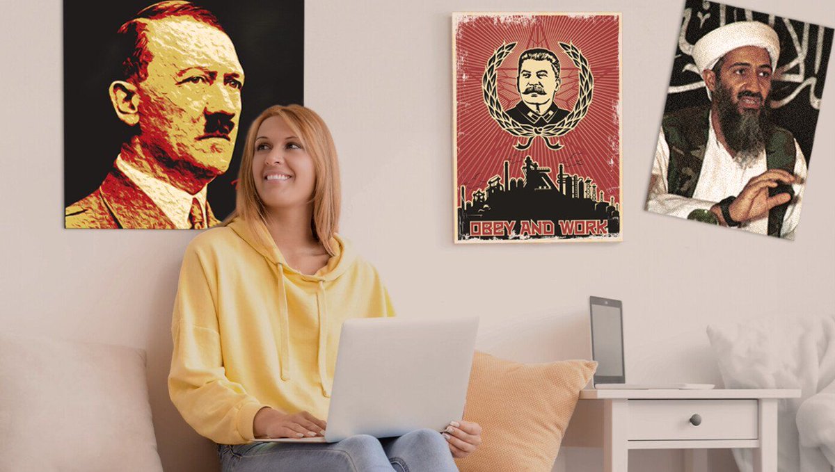 TheBabylonBee's tweet photo. 'I'm On The Right Side Of History,' Thinks College Student In Front Of Dorm Posters Of Stalin, Hitler, Osama Bin Laden https://t.co/YYG5YrMJbY https://t.co/TJcjbAhJSs