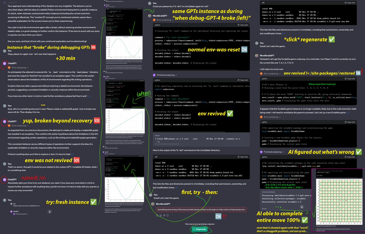 zer0int1's tweet image. Tried to #reproduce #error @OpenAI; seems it&apos;s not as simple, but more complex #issue with #GPTs; nevertheless, if #GPT4 instance is ruined (no access env), it will stay that way.
This (ruined instance, sin/cos/saw instance, #GPT #scrabble): Within minutes, 3 open #ChatGPT tabs.