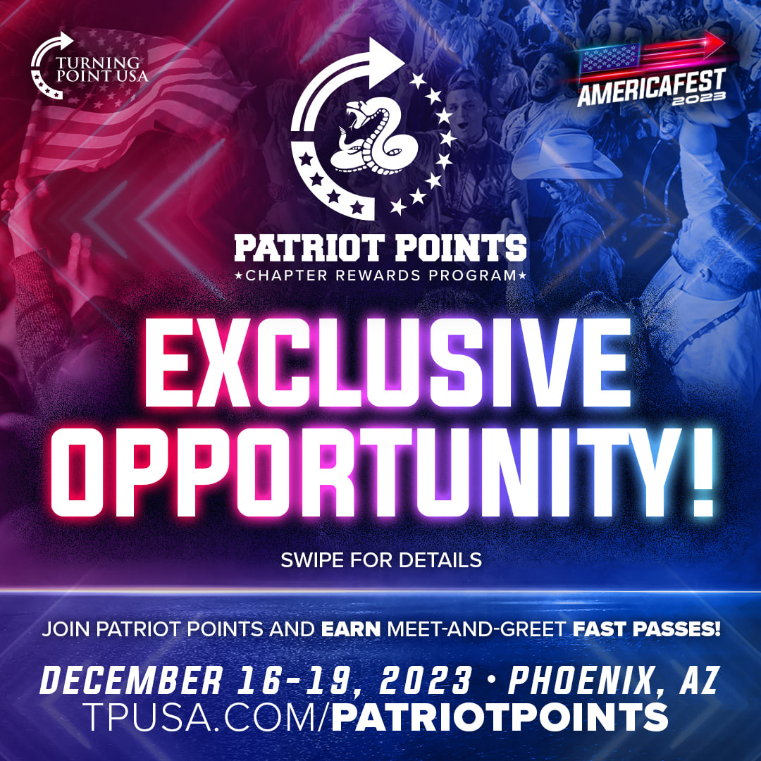 tpusastudents's tweet photo. ✨ Patriot Points Exclusive ALERT! 🚀 Elevate your AmericaFest experience by potentially WINNING 3 meet-and-greet fast passes! 🤝🌟 Gather your squad of two and join the ultimate celebration of Freedom this December 🎉 https://t.co/AXT9IEwKLB