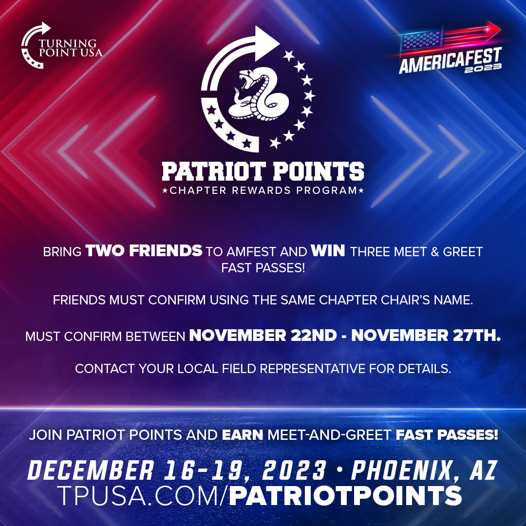 tpusastudents's tweet photo. ✨ Patriot Points Exclusive ALERT! 🚀 Elevate your AmericaFest experience by potentially WINNING 3 meet-and-greet fast passes! 🤝🌟 Gather your squad of two and join the ultimate celebration of Freedom this December 🎉 https://t.co/AXT9IEwKLB