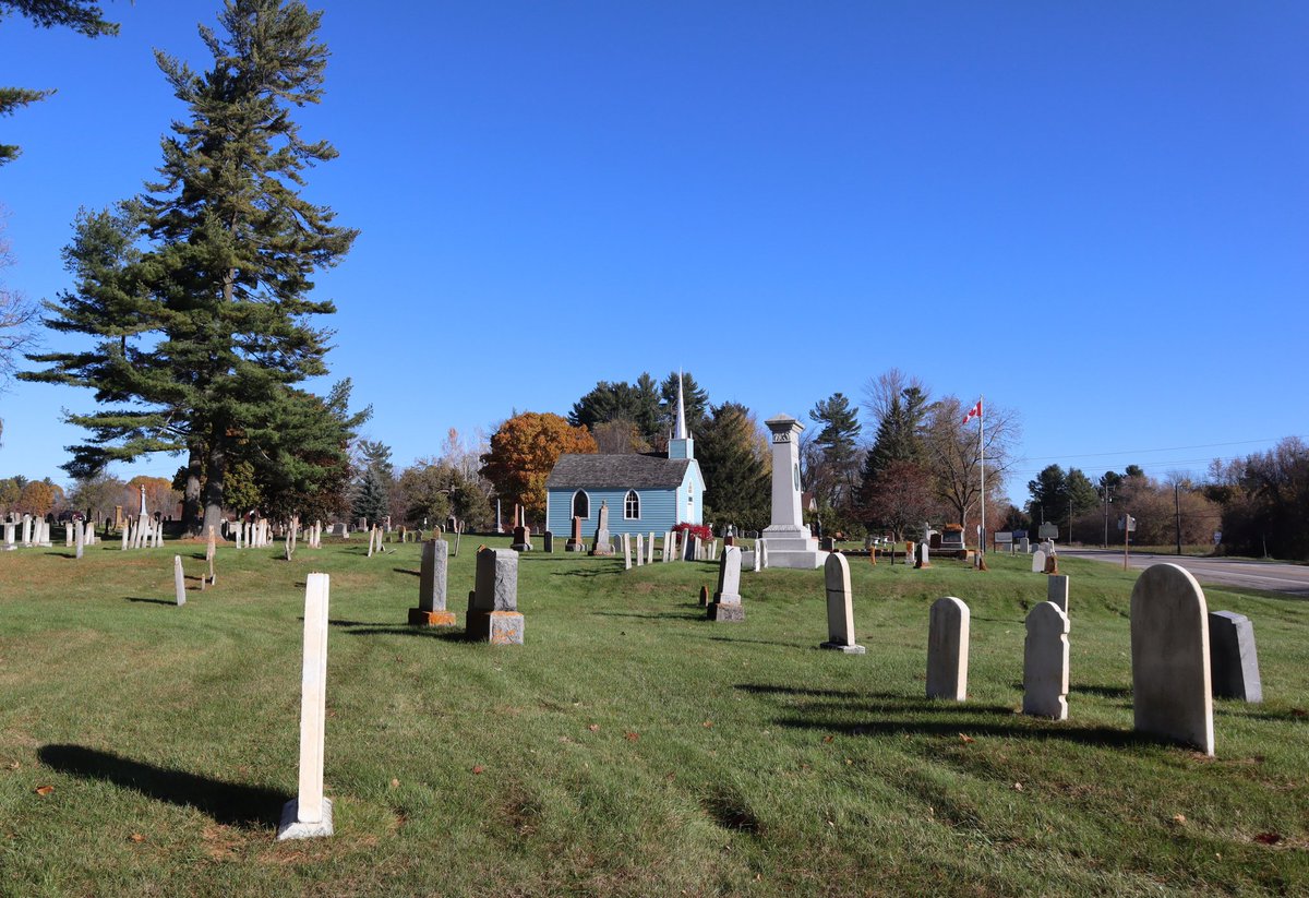 From a few autumns ago:

The Blue Church Cemetery in Prescott, Ontario. The sky and church (in the background) were competing that day for who could give off the best colour of blue. It was a tie.