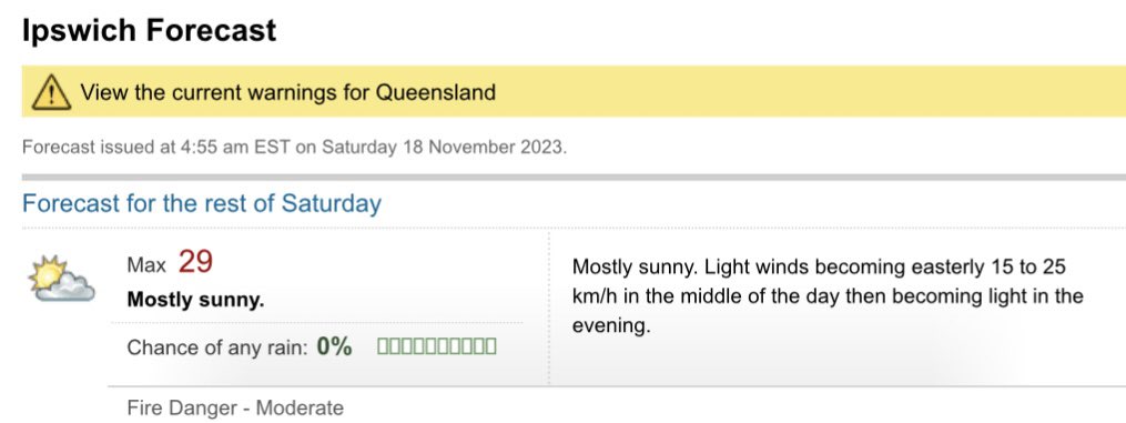 B.O.M. might finally be right this week: They are predicting a 0% chance of rain across Ipswich today. <a href="/BOM_Qld/">Bureau of Meteorology, Queensland</a> <a href="/BOM_au/">Bureau of Meteorology, Australia</a> <a href="/7NewsBrisbane/">7NEWS Queensland</a>