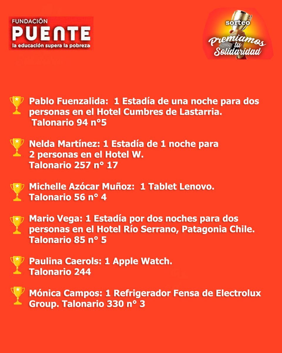 Felicitamos👏 a los ganadores de nuestro Sorteo Solidario 2023. Gracias por participar y recuerden que el premio más grande es ayudar a los jóvenes de Fundación Puente en su paso por la educación superior🧡 #SorteoSolidario2023