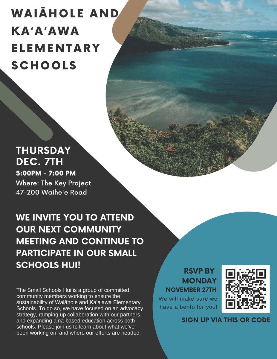 Interested in attending the next Small Schools Hui meeting on December 7? Be part of the discussion around the sustainability of Waiāhole and Kaʻaʻawa Elementary Schools and hear about their progress and future by Nov 27 here: buff.ly/40hwRnR