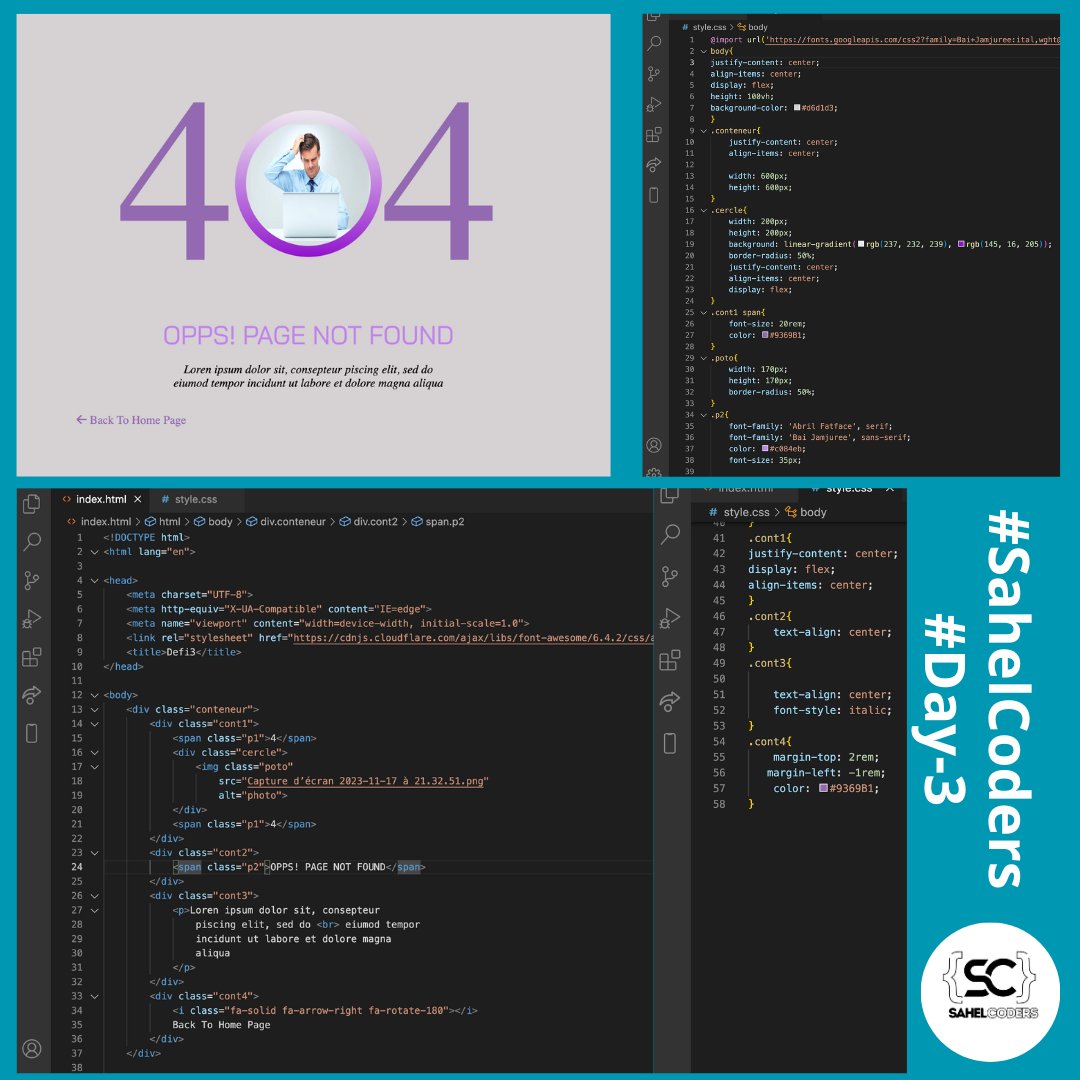 MahamadouBrah67's tweet photo. #30joursdecodene #day3challenge
Aujourd'hui marque le troisième jour du challenge (#30JoursDeCodeNe) de la communauté Sahel Coders.Le défi consiste à reproduire une page d'erreur 404 en utilisant uniquement #HTML et #CSS.je vous présente notre boulot du jour.
@SahelCoders https://t.co/bGj2bo4vyk