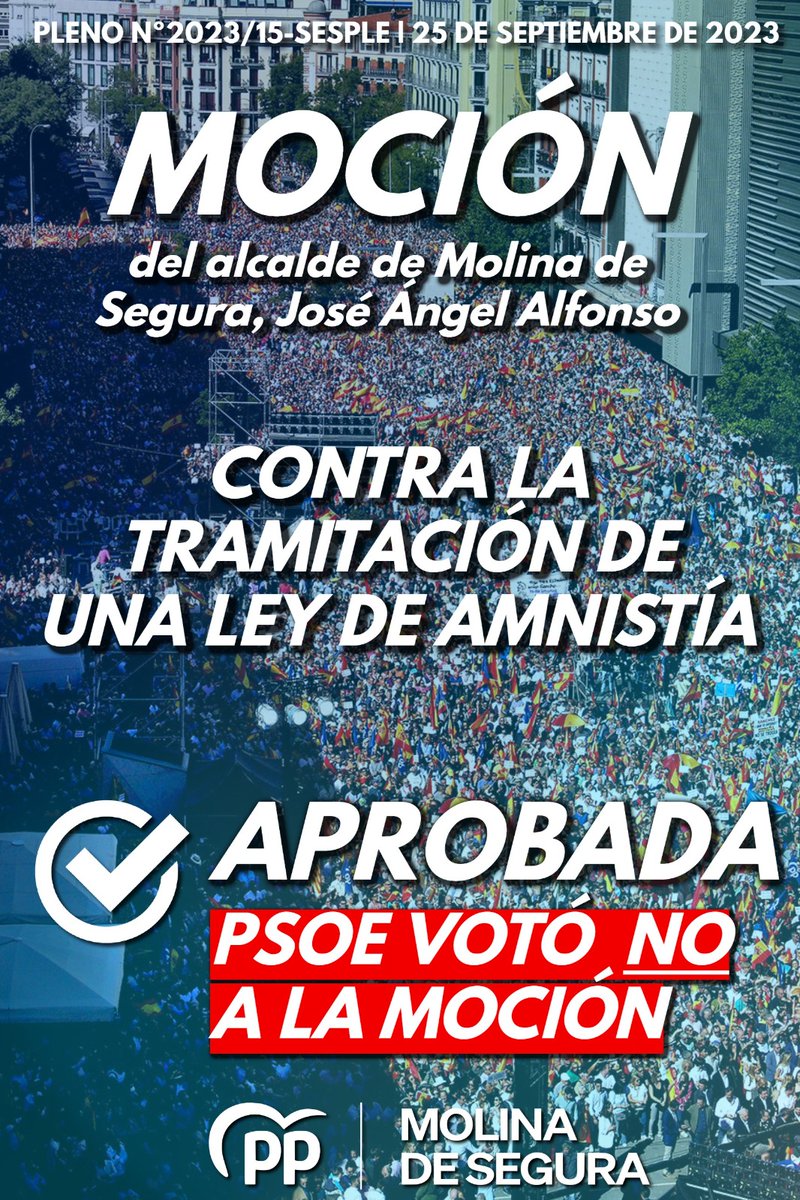 popularesmolina's tweet photo. 🔴 Hoy Pedro Sánchez (#PSOE) ha tomado posesión como presidente tras vender a España por siete votos para su investidura, porque para él todo vale para seguir en el poder.

👎🏻 ¿Sabías que en septiembre el PSOE de #MolinaDeSegura votó NO a una moción del alcalde @jangelalfonso contra la tramitación de una #LeyDeAmnistía?

#PSOEMolinaCaos #NoALaAmnistía #EspañaNoSeRinde