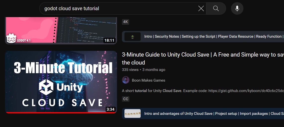 BoonMakesGames's tweet photo. Searching for a 'Godot cloud save tutorial' on YouTube, and there's none. I even saw my own tutorial for Unity cloud save in the results 😂😂. 

So I've decided to create my own YT tutorial for #GodotEngine cloud save. Any suggestion? https://t.co/PIgxvRFXjp