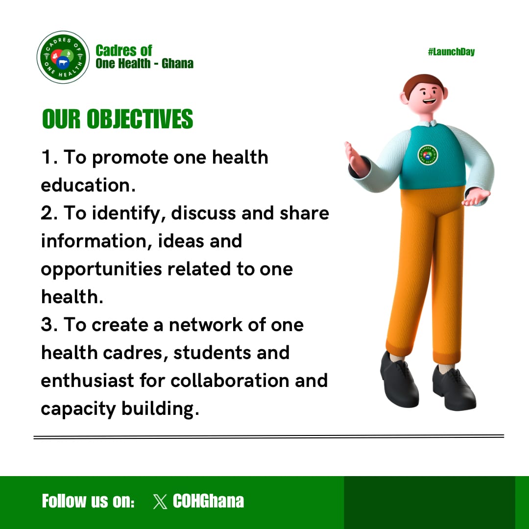 COHGhana's tweet image. 🌟 Exciting News! 

🌍 Cadres of One Health is here! 🚀 We're a youth-led non-profit organization on a mission for better health through the ONE HEALTH APPROACH. 🌱

Let's shape a healthier, sustainable future together! 🤝💚 

#CoHGhanaLaunch 
#OneHealth 
#HealthForAll
