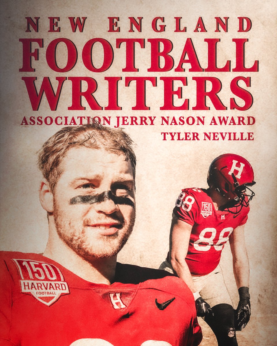 Congratulations to Tyler Neville for earning the Jerry Nason Award from the New England Football Writers Association! The award is presented to the senior student-athlete who has succeeded in football against all odds. 🗞️ bit.ly/47EcP9y #GoCrimson x #HarvardFootball150